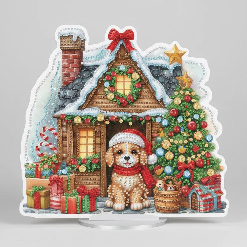 5D little dog in front of a Christmas house | Diamond painting