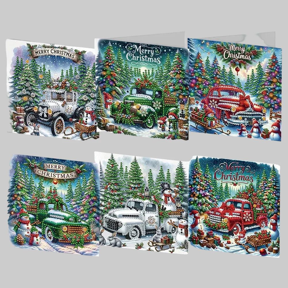 Christmas Cards Set with Vintage Cars | 6 Pieces | Diamond Painting