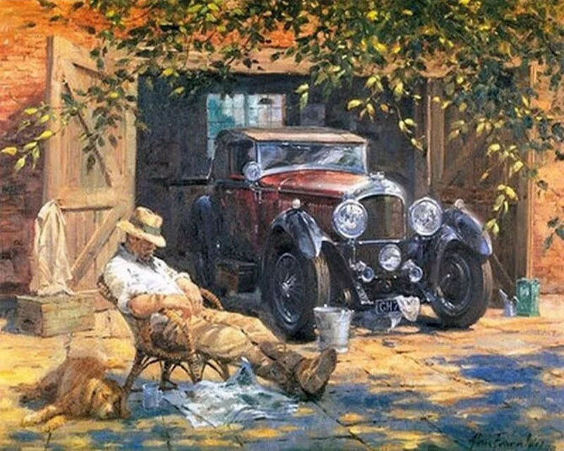 Sleeping Man in Front of a Vintage Car | Paint by Numbers