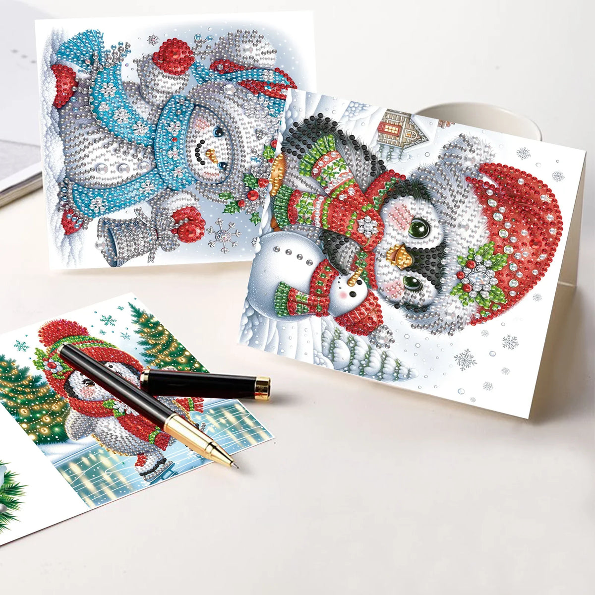 Penguins & Snowmen Christmas Cards | 8 Pieces | Diamond Painting